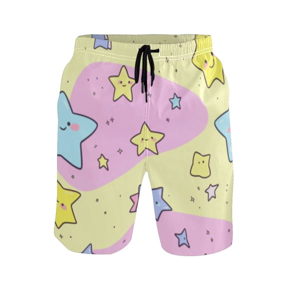 Happy Stars Pattern Mens Swim Trunks Quick Dry Board Shorts Breathable Fit Beach Shorts Swimwear