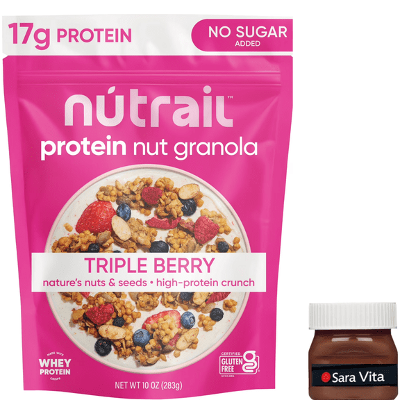 NuTrail 17g Protein Nut Granola Cereal, Triple Berry, No Sugar Added, Keto, Low Carb, Gluten Free, Grain Free, Healthy Breakfast 10 oz. 1 Count