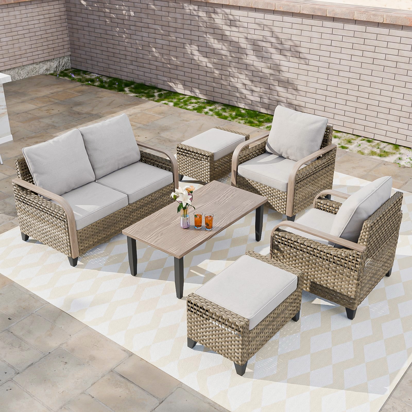 COOS BAY 6 Piece Brown Wicker Patio Sofa Set Outdoor Rattan Furniture Conversation Set Loveseat, Dining Chairs and Ottomans with Gray Cushions, Wood Grain Top Tables