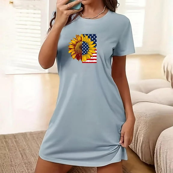 Abomasnow Nightgowns for Women Summer Printed Short Sleeve Casual Sleep Tee Pullover Night Shirts Sleep Shirt Soft Nightgowns Sleepwear Dress on Clearance