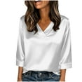 thumbnail image 3 of Women's Casual Loose Fit Satin V-Neck 3/4 Sleeve Blouse Tops, Short Sleeve Solid Basic Shirts for Spring Summer, Comfortable & Versatile for Daily/Office/Weekend Outfits, 3 of 8