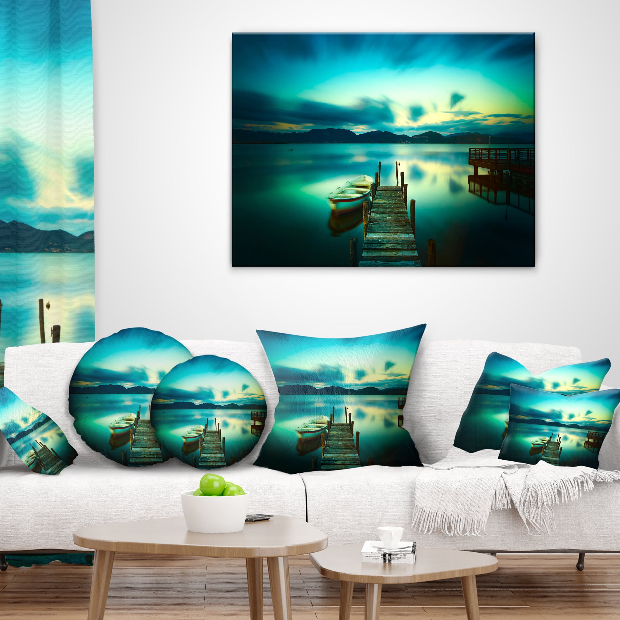 Designart Wooden Jetty and Boat in Sea - Seascape Throw Pillow - 12x20