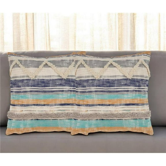HomeRoots 554580 Blue Striped Cotton Throw Pillow with Fringe - Set of 2