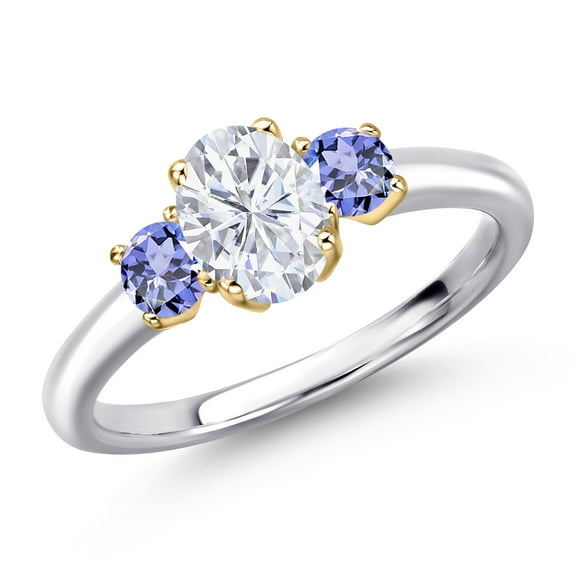 Gem Stone King 10K Two Tone Gold White Moissanite and Blue Tanzanite Engagement Ring for Women | 1.26 Cttw | Oval 7X5MM | Gemstone Birthstone | Size 7