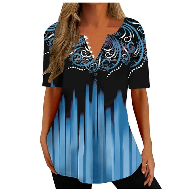 CEHVOM Women's Fashion V-neck Print Casual Loose Short Sleeve Top Short  Sleeve V-neck Top/Shirt