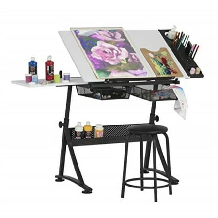 47" W Fusion craft center with 24" Supply Tray, 60 Degree Angle Adjustable Top and Height Adjustable from 27.75" - 35.5" when Flat, Stool and Slide-out Shelf Included, charcoal / White