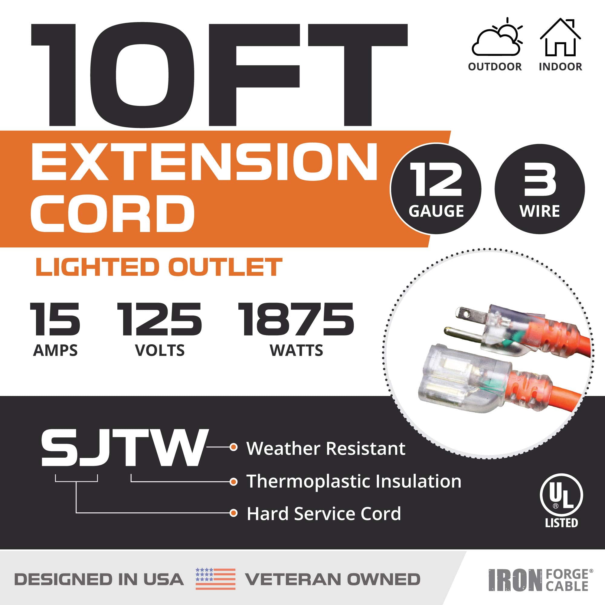 Iron Forge Cable 12 Gauge Extension Cord 10 ft, 12/3 SJTW 10 Foot Heavy Duty Extension Cord Outdoor 3 Prong, Weatherproof Orange Power Cable 15 Amp, Great for Major Appliances