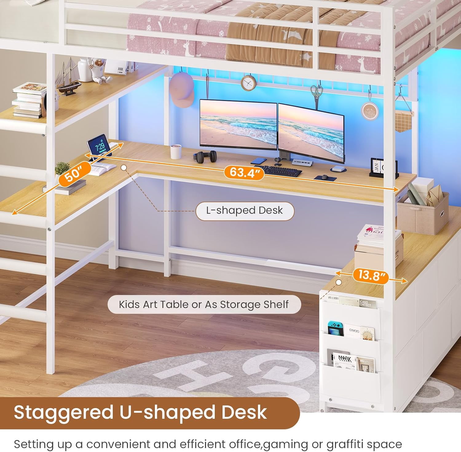 Full Size Loft Bed with Desk and 7 Storage Drawers Metal Full Loft Bed Frame with Led Lights, Charging Station, Storage Shelves, Safety Guardrail and Ladders, White