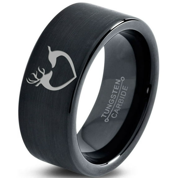 Tungsten Deer Love Band Ring 9mm Men Women Comfort Fit Black Flat Cut Brushed Polished