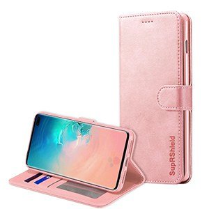 Samsung Galaxy S10 Or Rose Véritable SupRShield Étui Portefeuille en Cuir à Rabat avec Support Magnétique