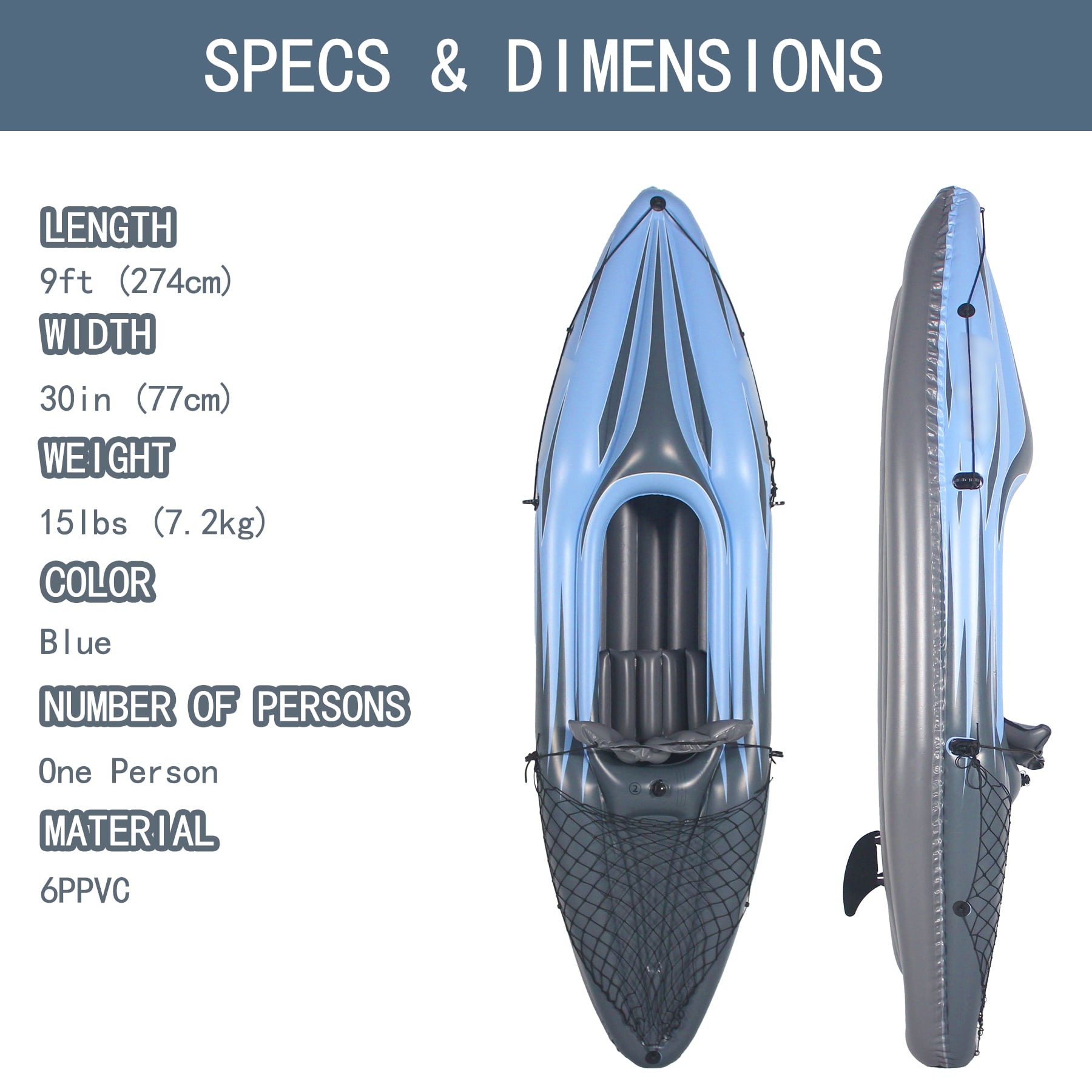 Inflatable Kayak 1 Person Adult Canoe with Adjustable Seat, Aluminum Oars & Hand Pump, Blue
