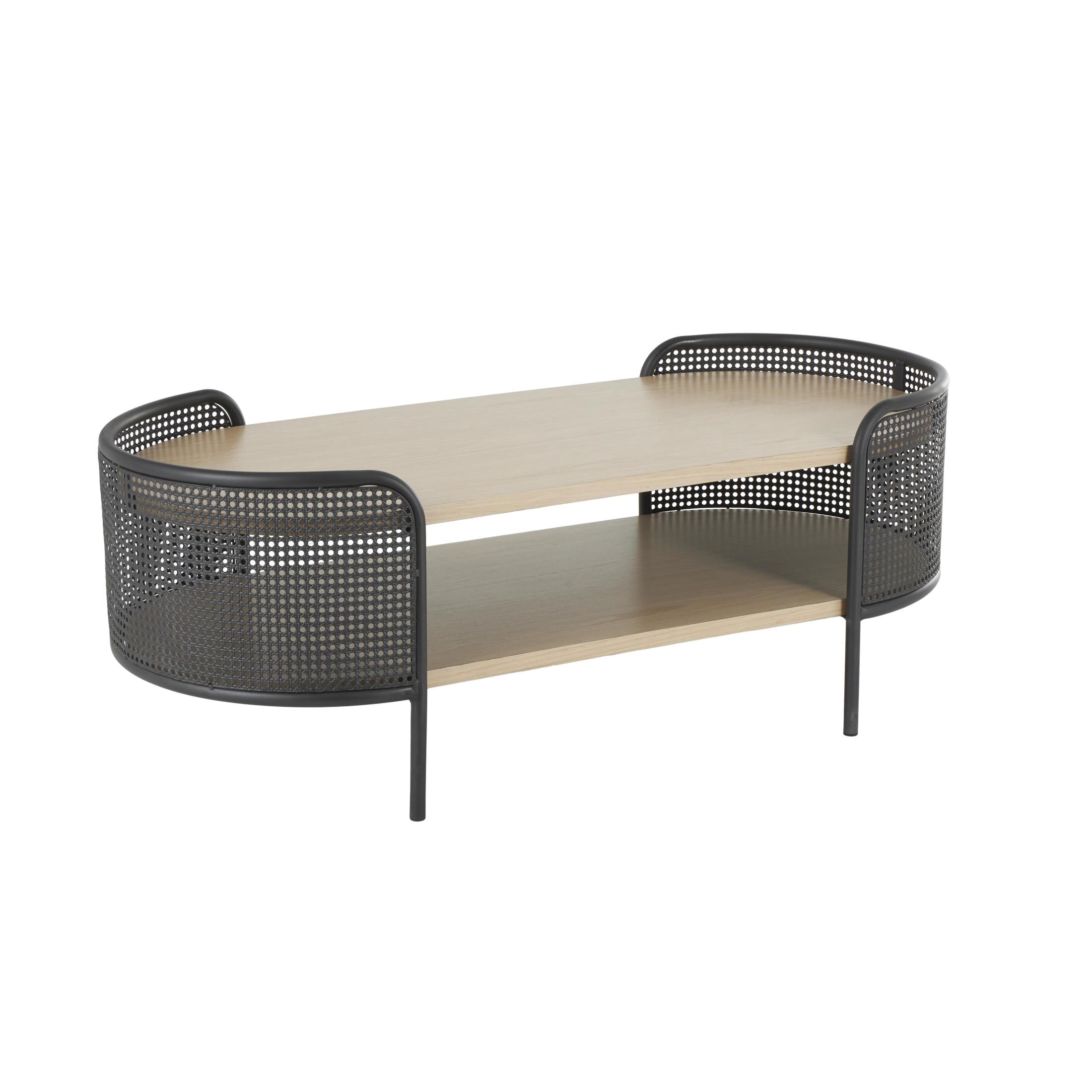 DecMode 49" x 18" Light Brown Wooden Oval Two-Toned Coffee Table with Mesh Side Panels and Brown Wood Tabletop, 1-Piece