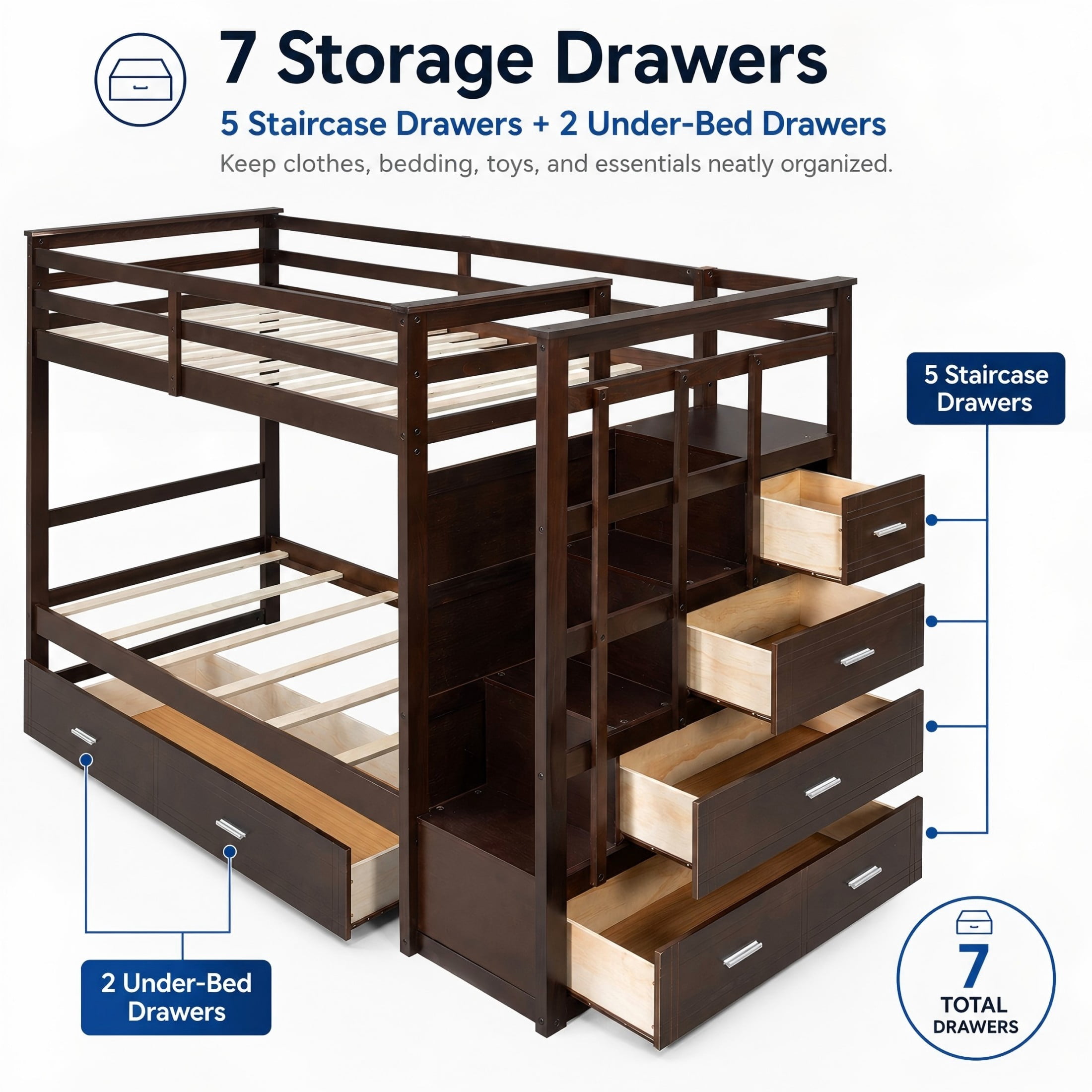 Aukfa Twin over Twin Bunk Bed with 7 Storage Drawers, Wood Bunk Bed with Staircase, Space Saving Design for Kids Bedroom, Espresso