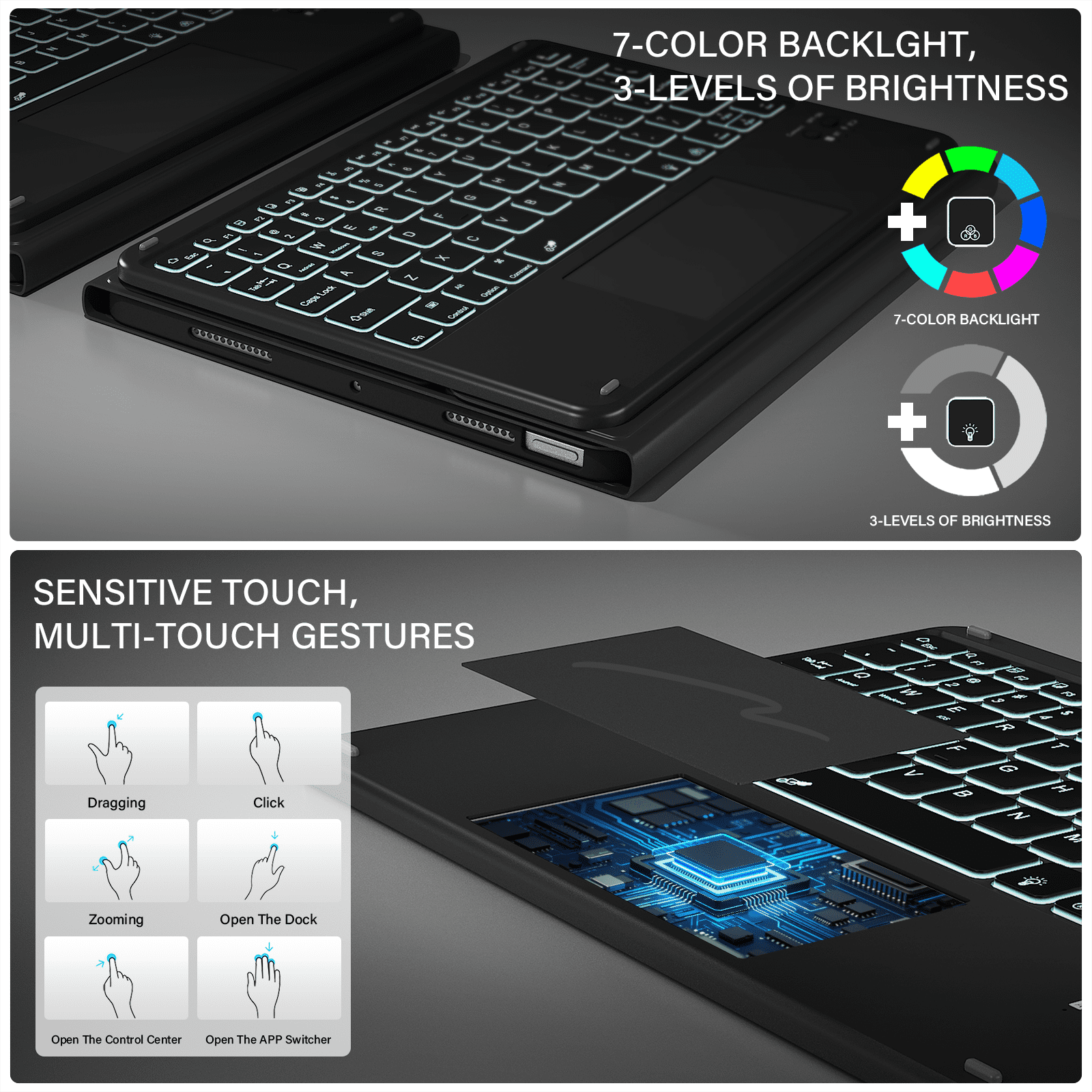 Kenke Keyboard Case Compatible for iPad (A16) 11/10th Generation 11/10.9 inch 2025/2020, Folio Cover with Pencil Holder, Multi-Touch Trackpad, 7 Color Backlit, Detachable Bluetooth Keyboard, Balck