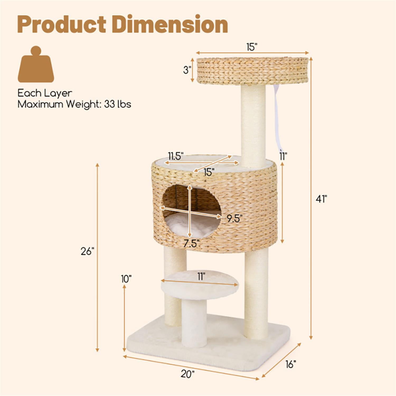 Kadyn 41" Modern Cat Tree with Toy, Cat Tower Condo for Indoor Cats with Cattail Fluff Condos, Sisal Scratching Posts and Top Perch, Beige