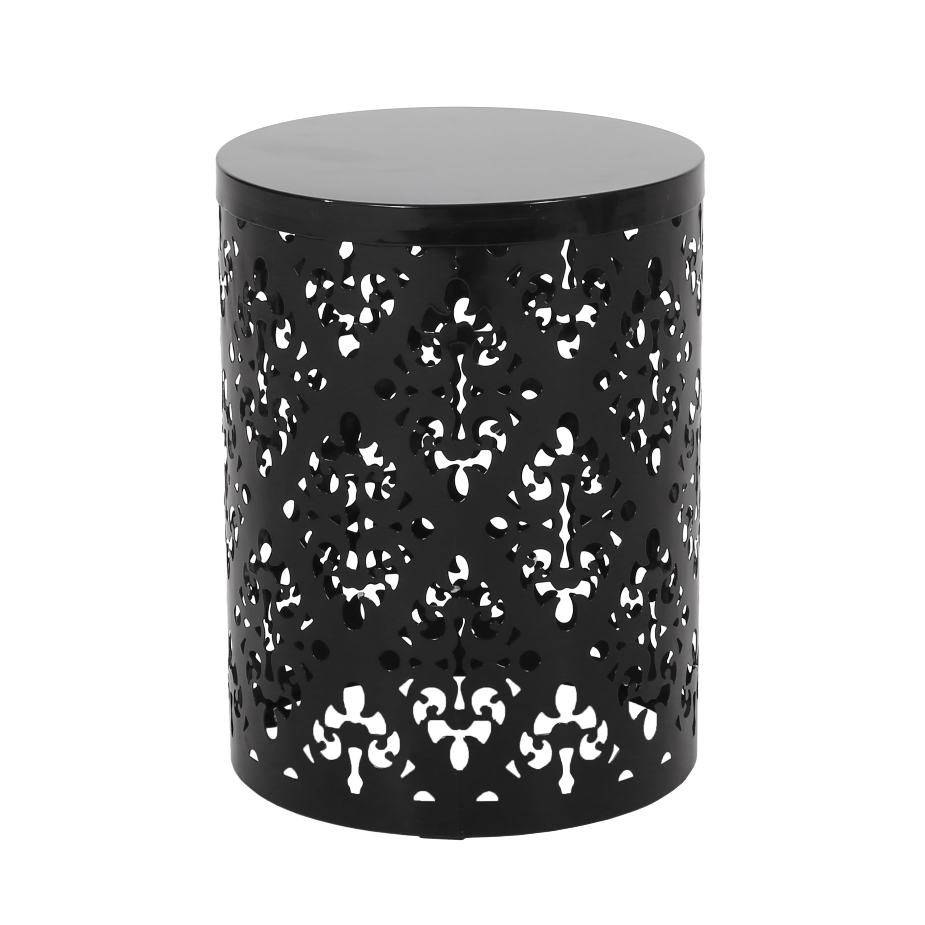 Outdoor Nesting Side Table Set of 2, Cylindrical Floral Pattern Structure for Patio Garden, Black
