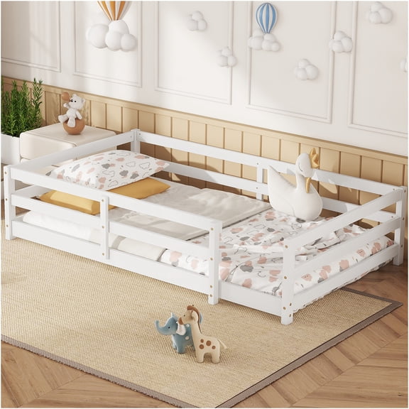 Twin Size Low Profile Platform Bed Frame with Guardrail Fence, White Pine Wood Floor Bed for Space-Saving Bedroom Furniture, No Box Spring Needed