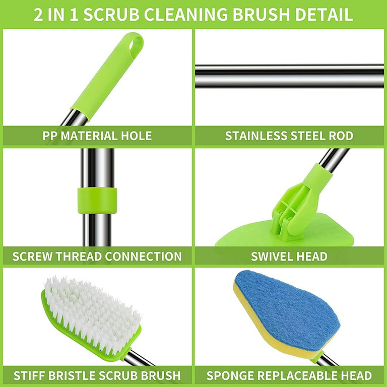 Scrub Cleaning Brush with Long Handle 2 in 1 Extendable Bathroom Floor  Brushes with 2 Stiff Bristles and 4 Sponge Brush with Long Handle  Detachable