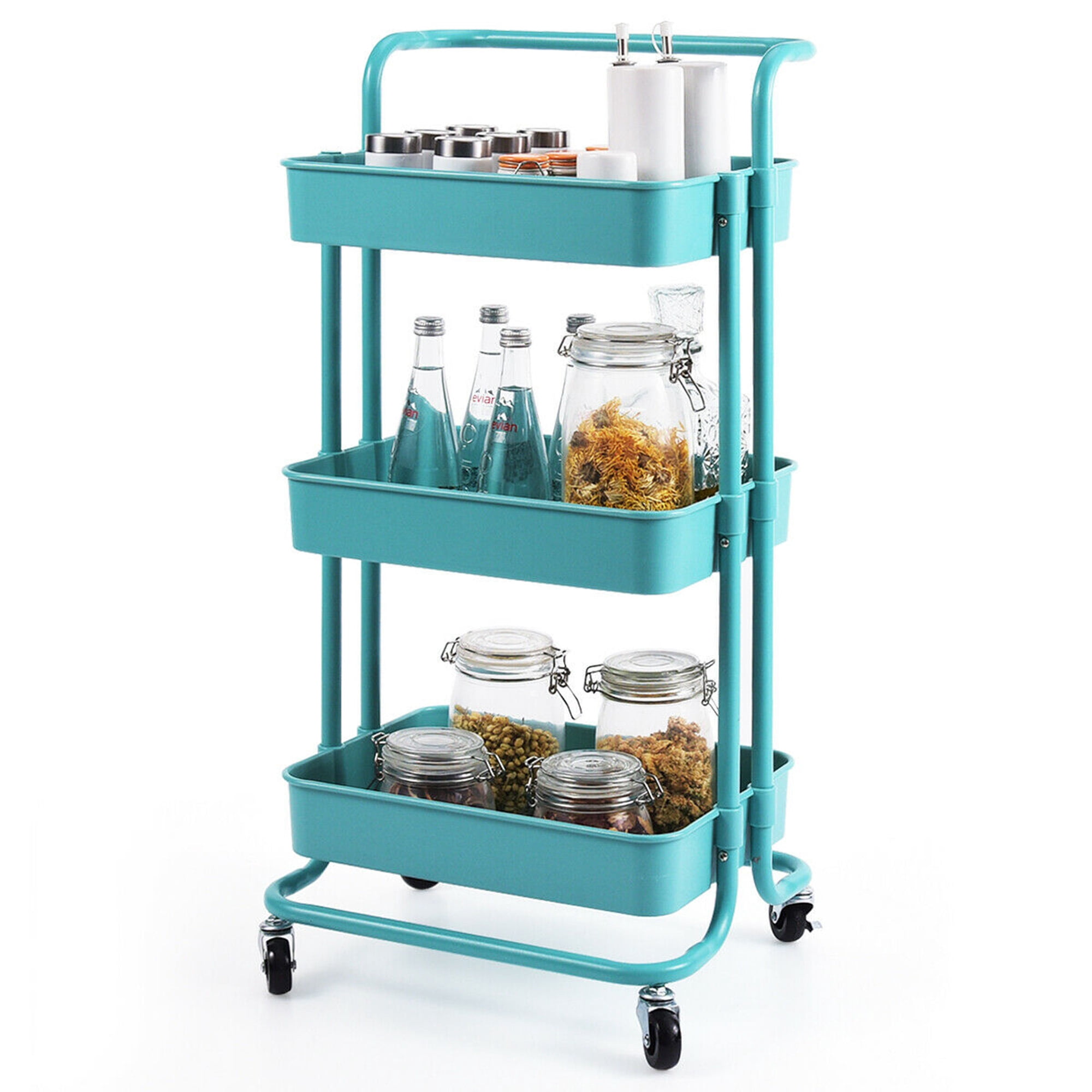 Gymax 3 Tier Rolling Cart W/Wheels ABS Basket Organizer & Practical Handle Aqua Blue