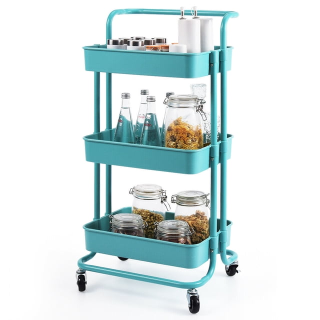 Gymax 3 Tier Rolling Cart W/Wheels Practical Handle&ABS Basket Organizer Aqua Blue