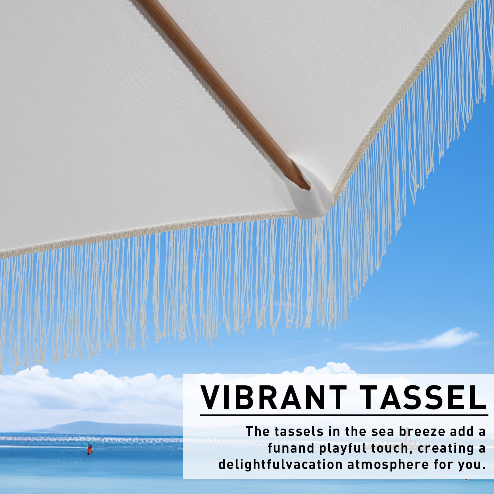 Autlaycil 7.5 ft Fringe Patio Umbrella for Beach, Pool, Adjustable Outdoor Market Umbrellas,Tassel Stylish - White