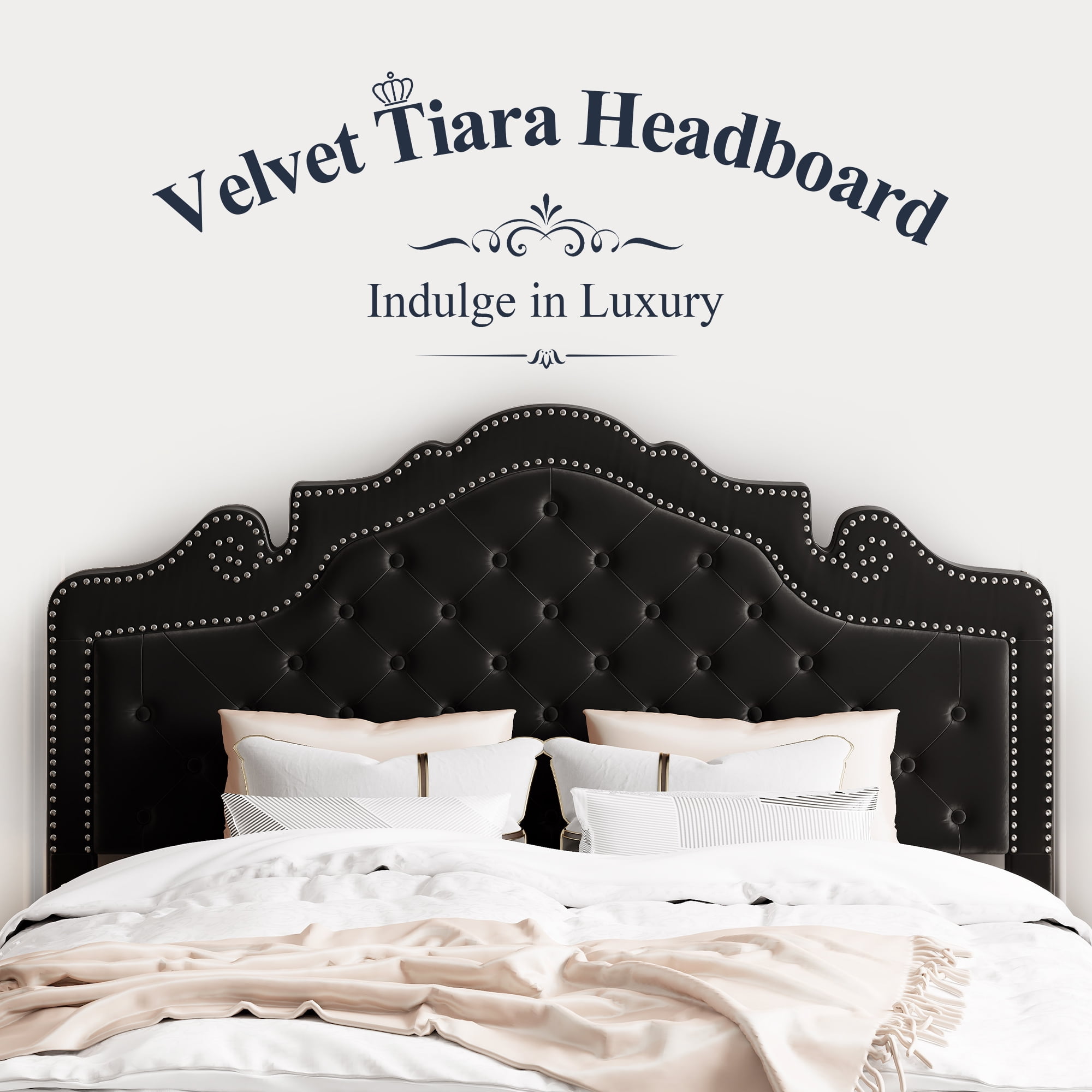 Allewie Queen Size Platform Bed Frame with Velvet Tiara Upholstered Diamond Button Tufted Headboard, Black