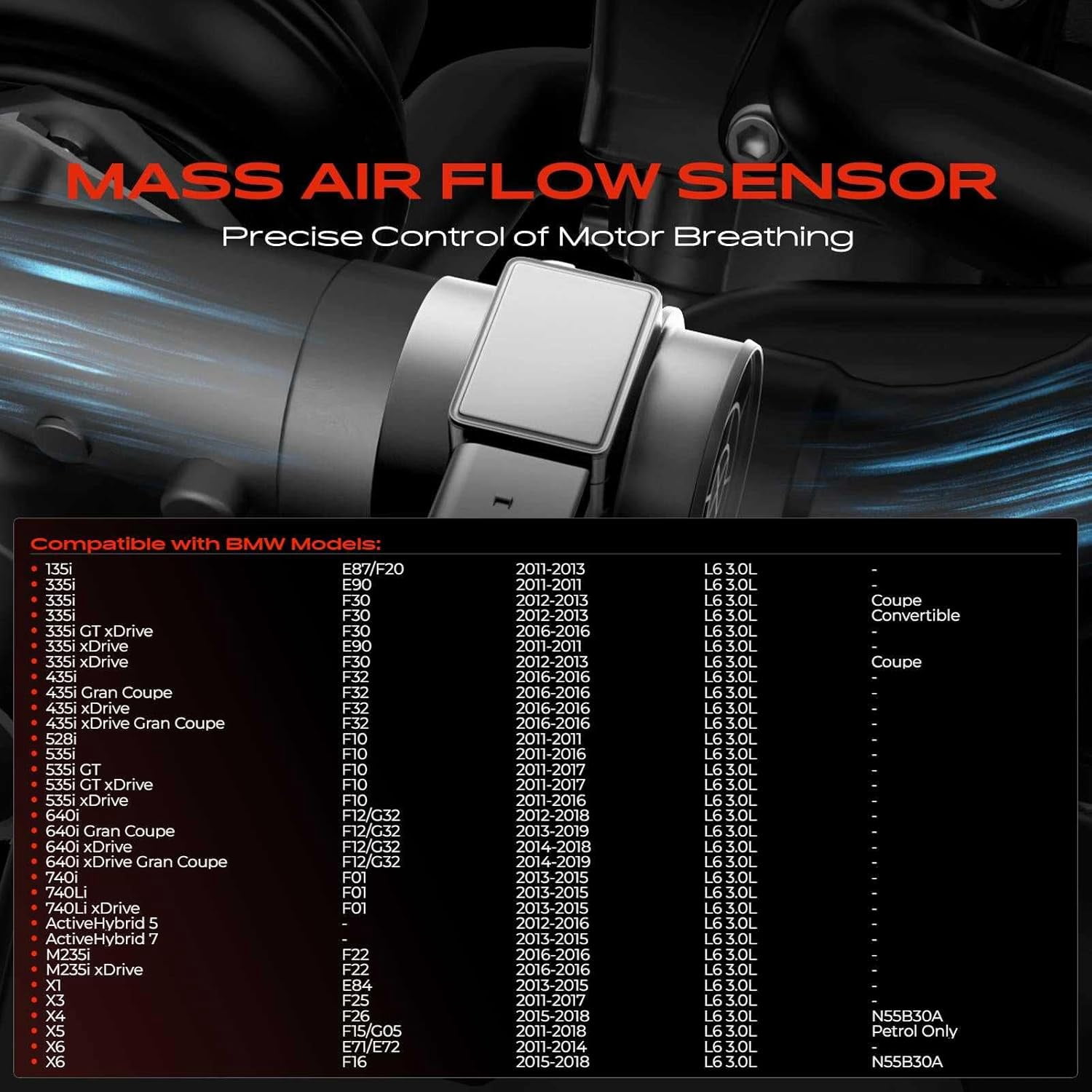 A-Premium Mass Air Flow Sensor MAF [4 Pins, L6 3.0L]Compatible with BMW 335I 11-16, 528I 2011, 535I 11-16, 435I 2016, 135I 11-13, 640I 12-19, 740I/740LI 13-15, ACTIVEHYBRID 5/7, X1 X3 X4 X5 X6