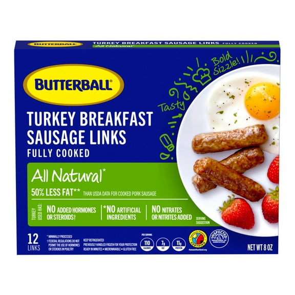 Butterball All Natural Fully Cooked Turkey Breakfast Sausage Links, 12 Links