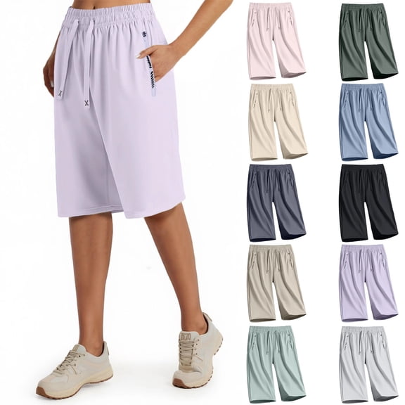 Athletic Bermuda Shorts for Women Knee Length Elastic Waisted Summer Casual Drawstring Workout Shorts with Pockets Light pink M