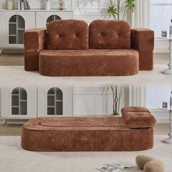 MDAQMD 65.3" Convertible Folding Sofa Bed Queen Sleeper Sofa with 2 Pillows Floor Couch Foam Folding Mattress Sleeper for Living Room Apartment Orange