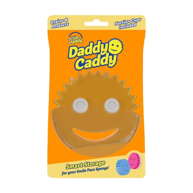 scrub daddy daddy caddy – soporte de esponja para fregadero de cocina – organizador de esponja y organizador de cocina con ventosas – autodrenante y apto para lavavajillas (1 unidad) Soporte transparente con forma de cara y borde dentado, vista frontal; dos ventosas blancas visibles para fijar al fregadero, ranura de drenaje y boca curvada para alojar una esponja; empaque naranja con logotipo Scrub Daddy. También apto para organizar pequeños accesorios de limpieza en el borde del fregadero.