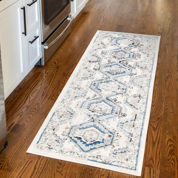 Unique Loom Charlotte Collection Area Rug - Quail (3' 1" x 16' 5" Runner Ivory Aqua/Blue)