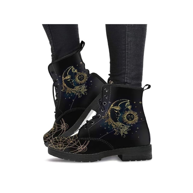 Woobling Womens Leather Boot Lace Up Ankle Boots Floral Short Bootie Non Slip Booties Work Moon 5