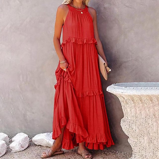UPPADA Womens Robe Maxi d'Été Sans Manches Col Carré Smockée Boho Décontractée à Volants Bretelles Évasées Longue Robe de Plage Rétro à Carreaux Smockée Bretelles Spaghetti Robe de Soirée Rouge,G