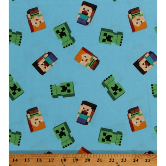 Cotton Minecraft Video Game Alex Steve Creepers Day Mobs on Blue Level Up Kids Cotton Fabric Print by the Yard (67253-6510715)