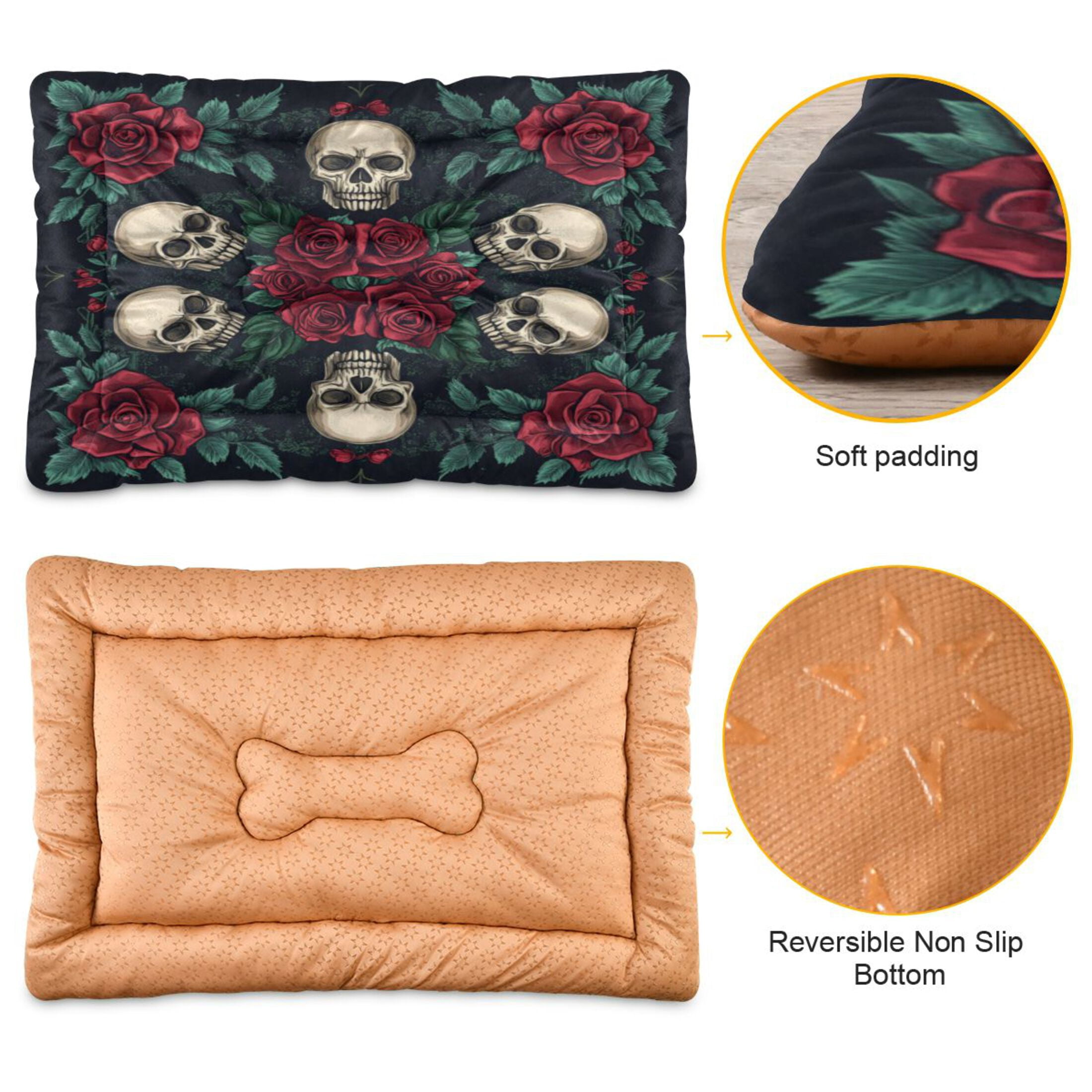 Qxltty Skull Red Rose Darkpattern Ped Pad Wear-resistant and Hard to Bite Through Sleeping Pad for Small Medium Large Dogs Winter Pet Bed 36×24in
