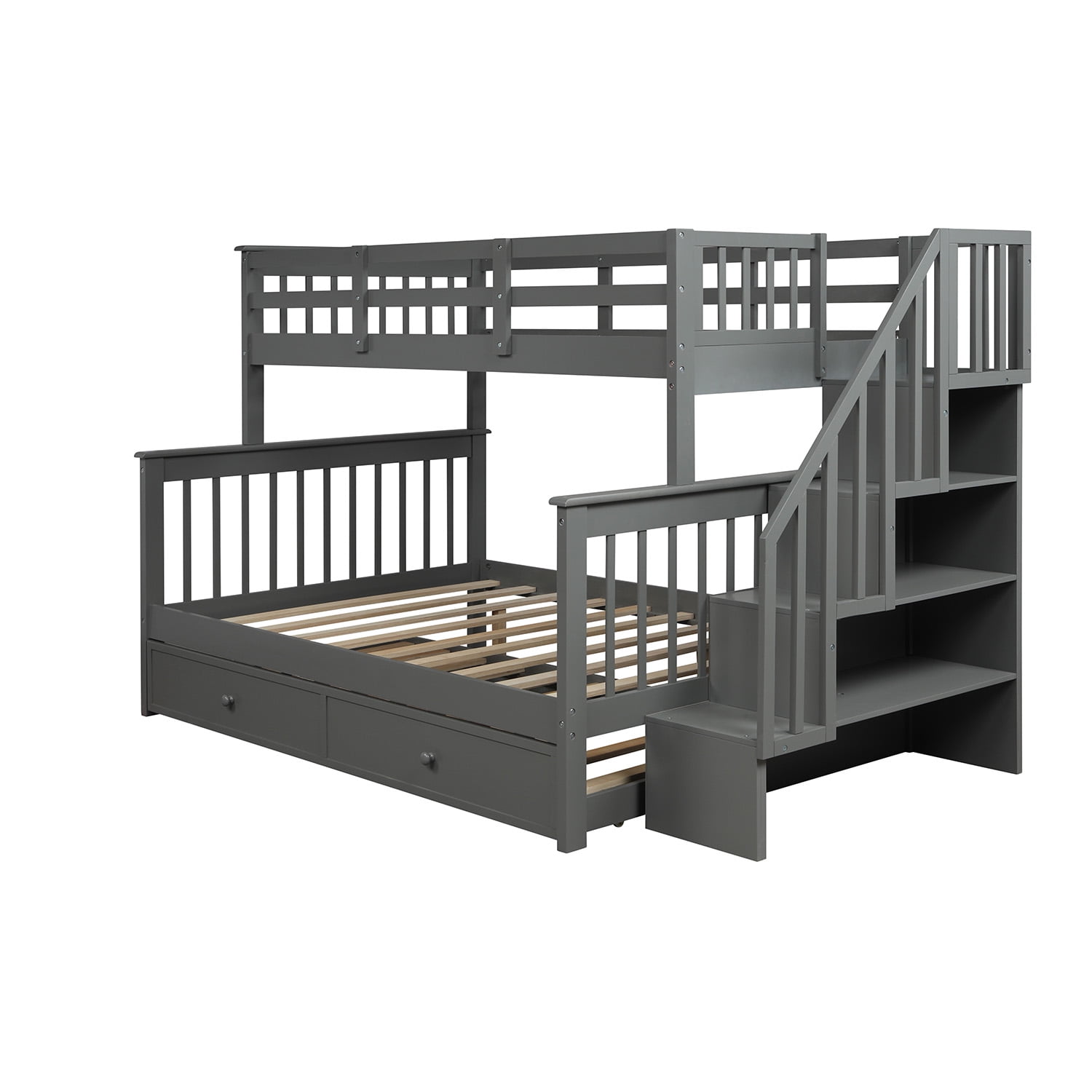 Stairway Twin-Over-Full Bunk Beds with Storage and Guard Rail, Bunk Bed for Bedroom, Dark Gray