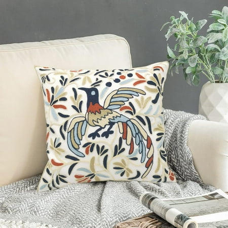 

Embroidered Decorative Throw Pillow Cover 16x16 inch Lucky Bird Boho Embroidery Happy Knit Pattern Cotton Cushion Case for Sofa Couch Car Living Room Bedroom Garden Gifts(Ivory Navy)