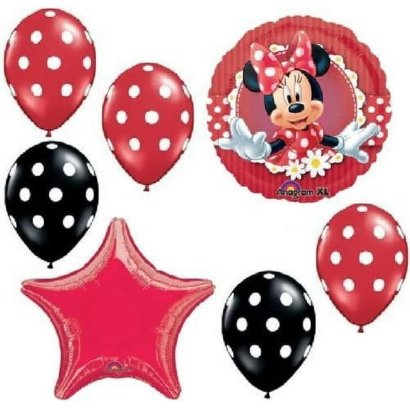 MINNIE MOUSE Mad Red Black Polka Dots 7 Pc Birthday Party Bouquet Balloons Set