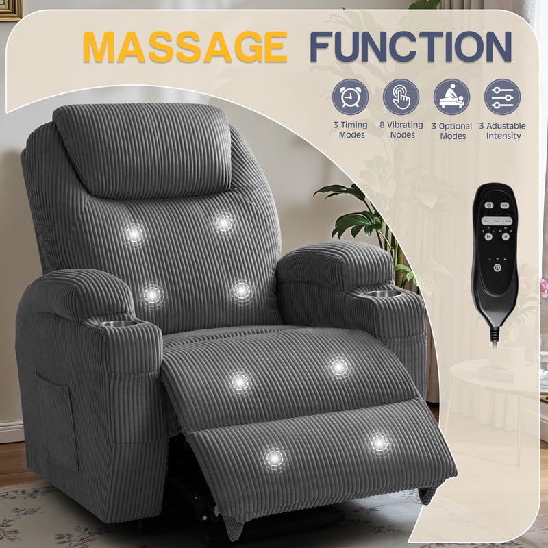 Furmax Electric Power Lift Recliner Soft Corduroy Chair Sofa with with 8 Vibrating Massages Ergonomic Lounge Chair with 2 Cup Holders and Side Pocket,Gray