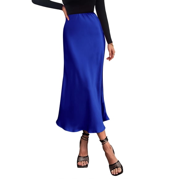Falda PRETTYGARDEN 2025 Satinada de Cintura Alta Azul Real Talla L