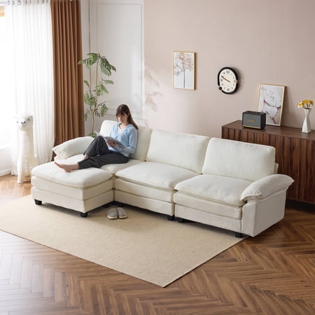 MELLCOM 120.8'' Sectional Sofa Couch, Convertible L-Shaped Couch, Upholstered Sofas & Couches with Movable Ottoman for Living Room and Office, Beige