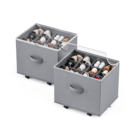 Shoe Organizer with Lockable Wheels, 2 Pack Foldable Shoe Storage Box with Adjustable Dividers and Clear Cover, Rolling Shoe Storage Bin for Closet Entryway, Holds up to 12-24 Pairs, Gray