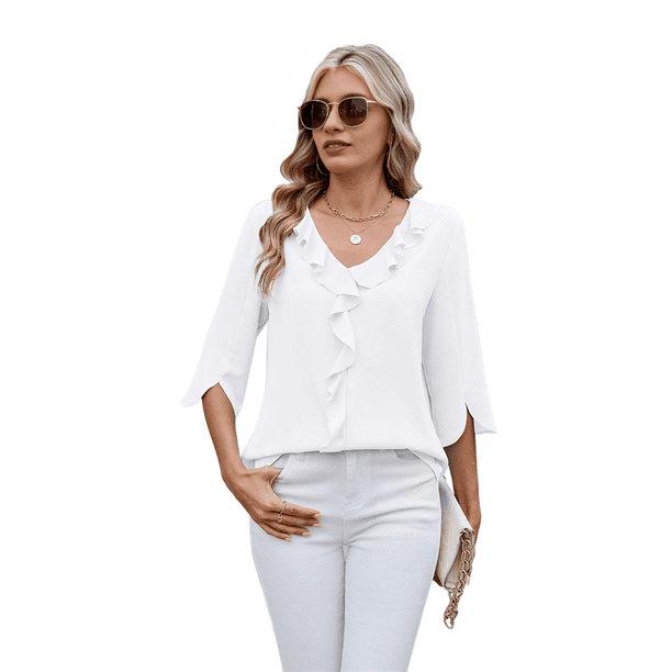 Blusas Informales Elegantes para Mujer, con Mangas 3/4, Cuello en V y Volantes, Color , Talla S