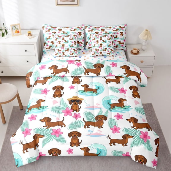 Homewish Funny Dachshund Animal 7-Piece Twin Bedding,Pretty Hibiscus Flower Bedding Comforter Set,Ocean Wave Decor,Colorful Stars Reversible