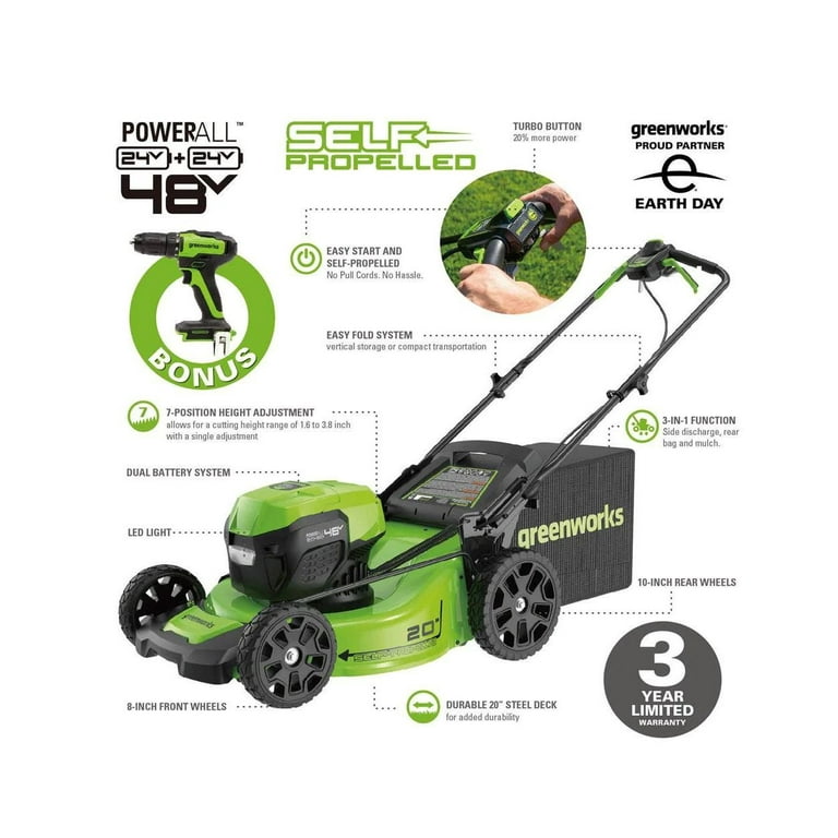 Greenworks 48V 20 inch Self Propelled Lawn Mower W 2 5Ah USB