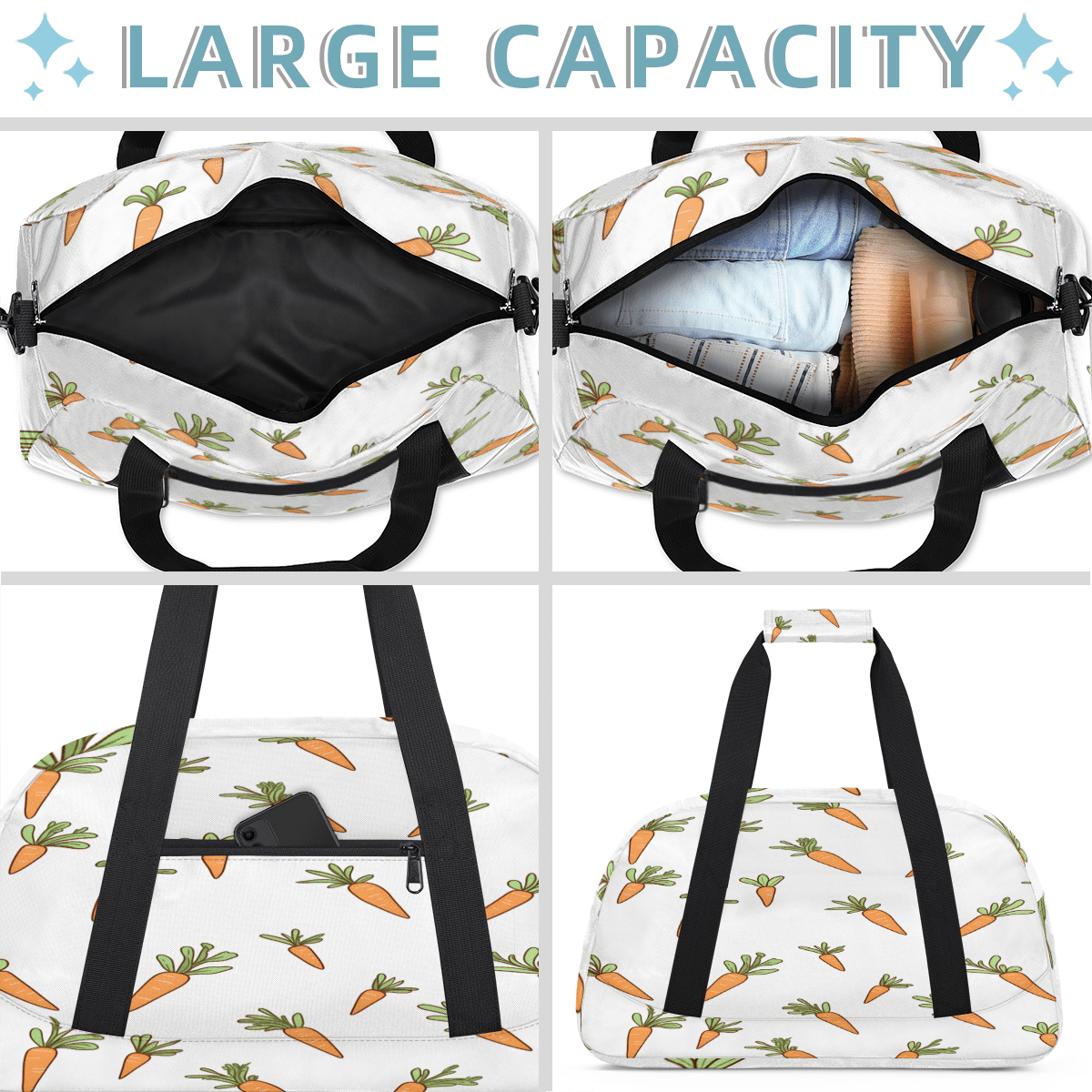 Herdesigns Carrots Sports Duffle Bag for Women & Men, Carrot Easter Gym Bag Dance Bag Overnight Bag Carry On Weekender Travel Bag