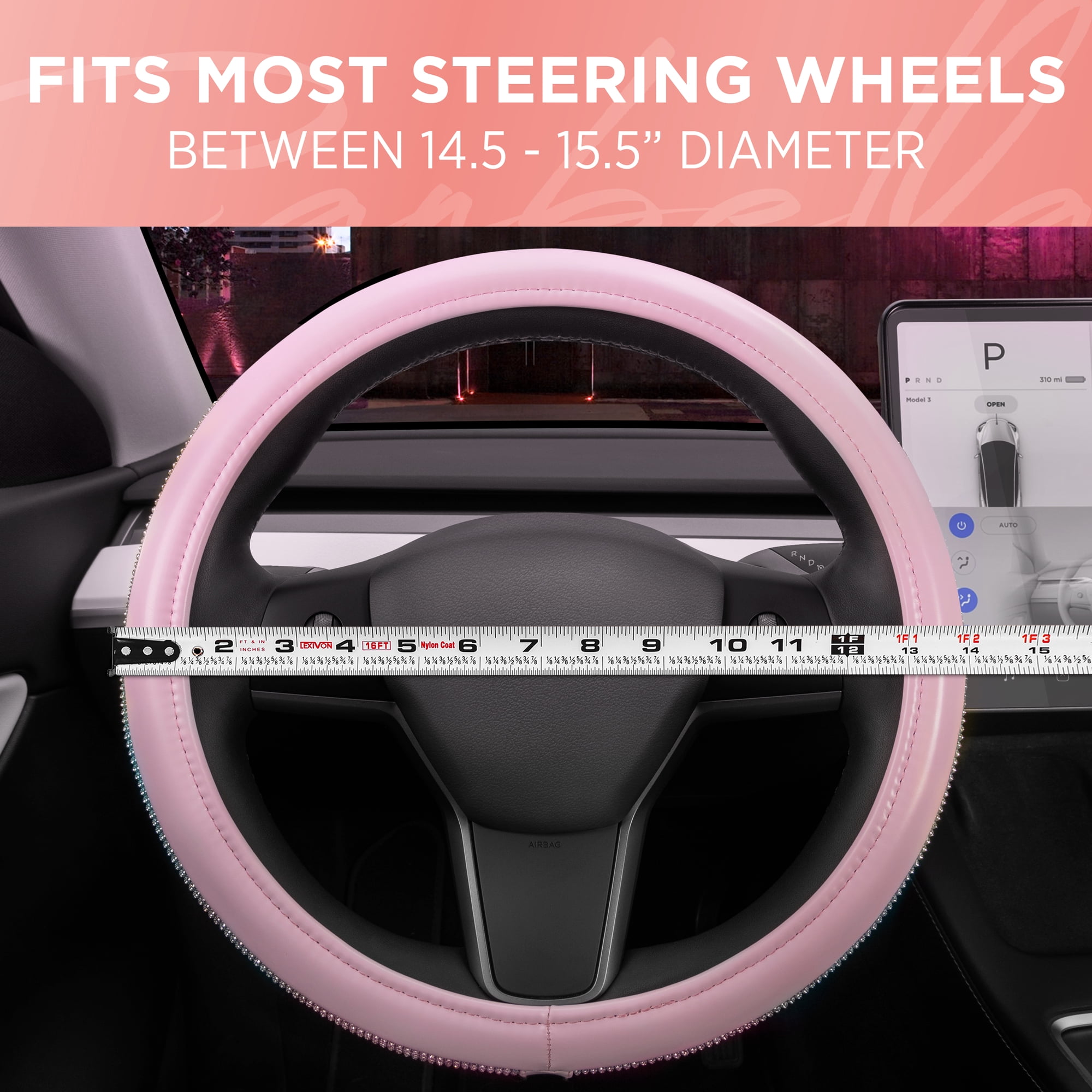 Carbella Pink Diamond Bling Steering Wheel Cover for Women, Standard 15 Inch Size Fits Cars Trucks SUV