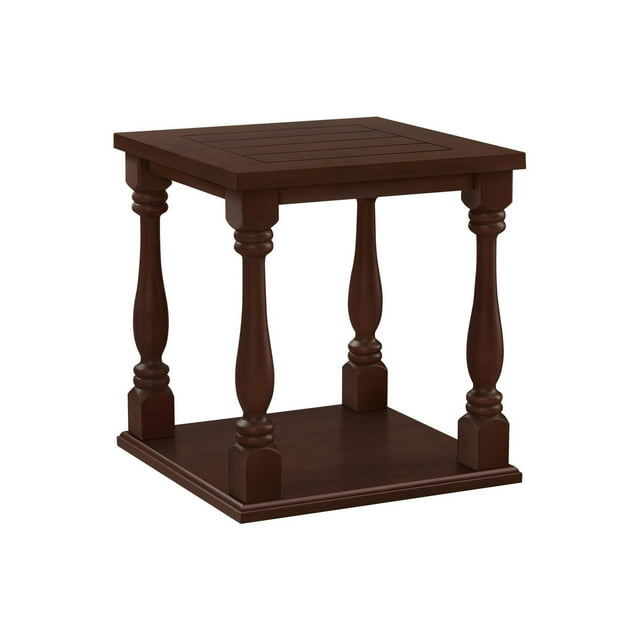 Traditional square two-tier end table with turned legs and brown wood veneer finish.