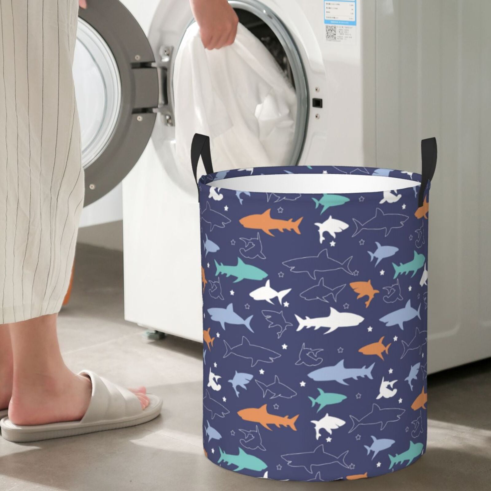 Large Laundry Basket with Handles - Colorful Shark cartoon Kids Baby Dirty Clothes Laundry Hamper for Bedroom Aesthetic